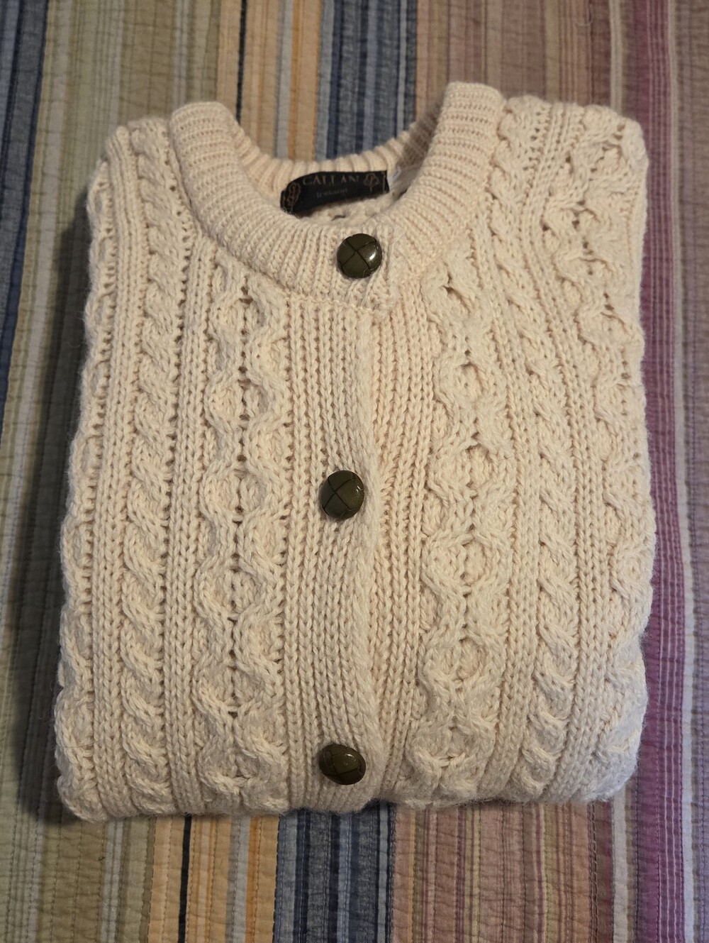 Callan Ireland 100% Wool Cream Cable Knit Button Cardigan Women's Large